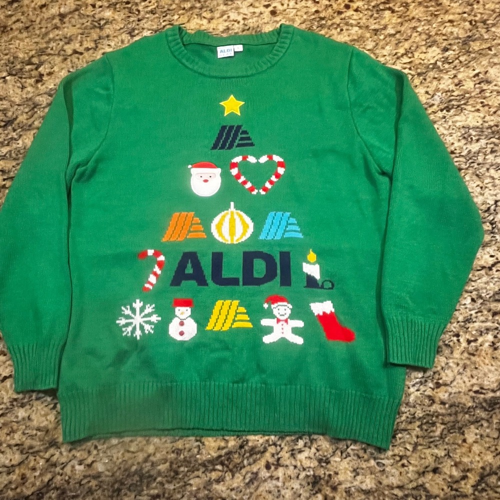 Aldi Gear Womens Green Christmas Tree Ugly Holiday Sweater Large Crewneck Knit